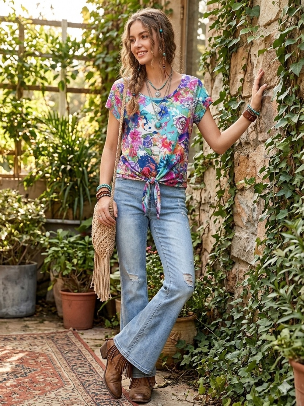 Cupio Women’s XL Floral Tie Front Top Short Sleeve Multicolor Boho Knit